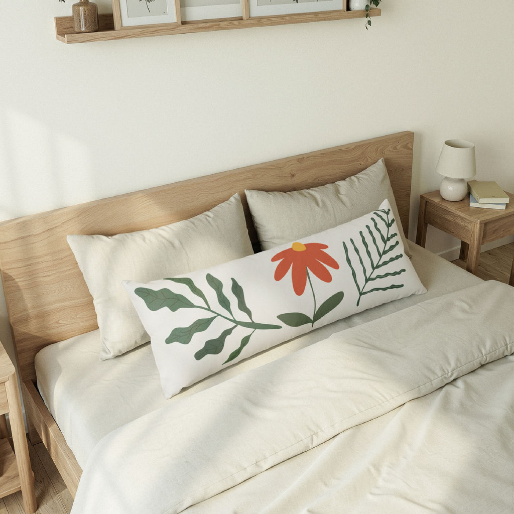 Tyyny- Floral Body Pillow — Minimal Red Daisy & Green Leaves Decorative Lumbar Pillow
