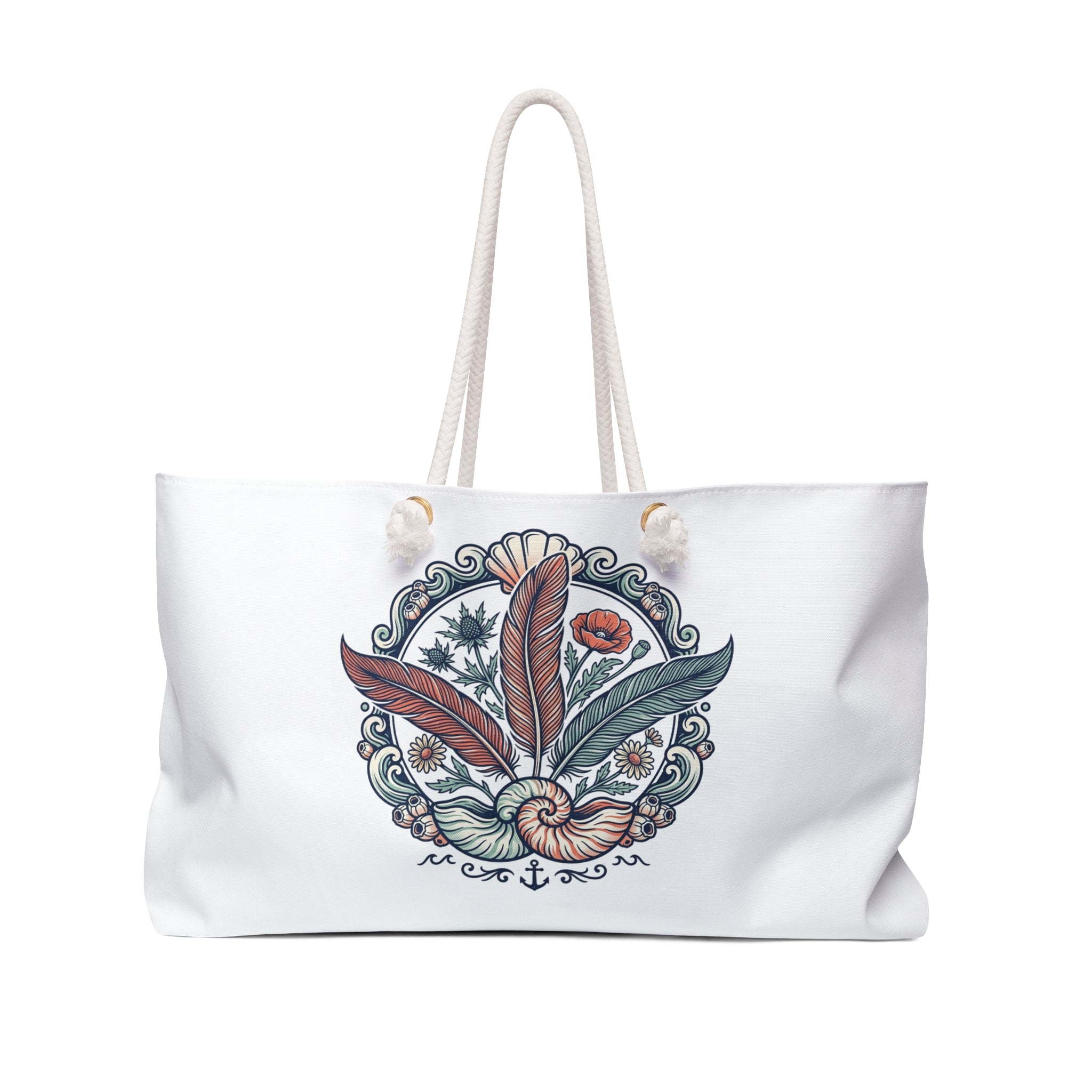 Laukku- Boho Feather Nautical Weekender Bag — Large Travel Tote with Shell & Floral Emblem
