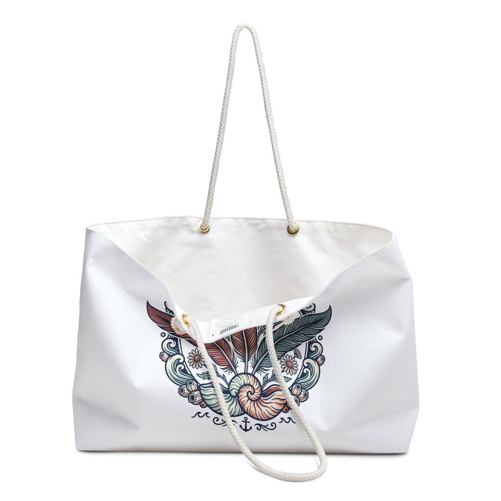 Laukku- Boho Feather Nautical Weekender Bag — Large Travel Tote with Shell & Floral Emblem