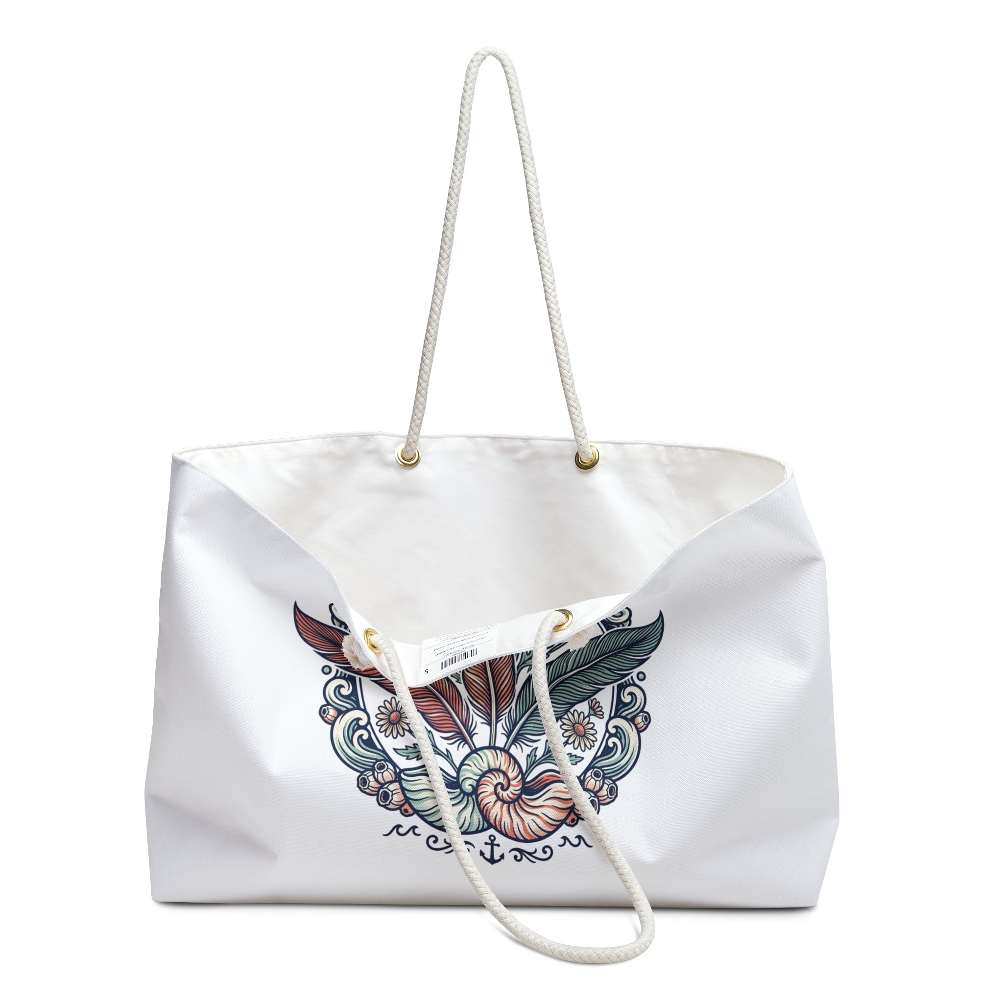 Laukku- Boho Feather Nautical Weekender Bag — Large Travel Tote with Shell & Floral Emblem
