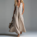 Mekko- Spring Summer Patch Pocket Deep V Plunge neck Solid Color Casual Dress